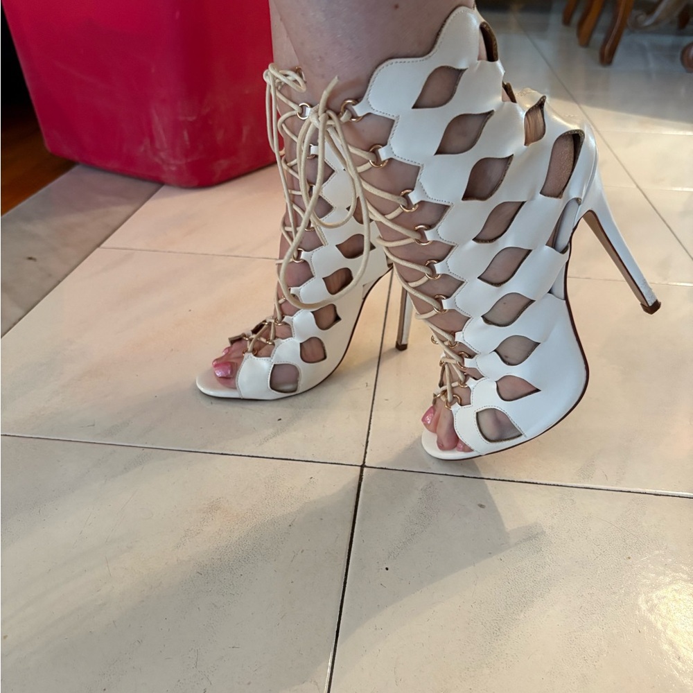 Boohoo White Lace-Up Heels with Cutout Design